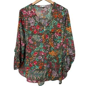 Cato Women's XL Floral V-Neck Blouse with Gold Zipper Detail Multicolor Flowy